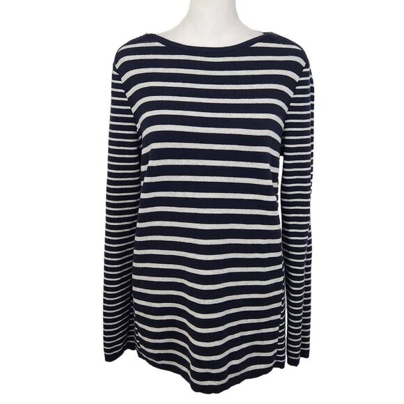 J. Jill Navy and Gray Stripe Sweater Size Small J. Jill Navy Preppy Knit Top - Picture 1 of 8